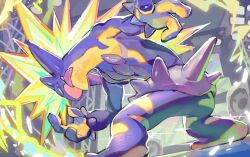  artist_request check_artist electricity fang pokemon pokemon_(creature) pokemon_focus pokemon_tcg second-party_source skin_fang solo sparkle stage_lights tongue tongue_out toxtricity toxtricity_(amped) ushinoki 