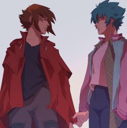  2boys blue_hair blush brown_hair grabbing_another's_sleeve implied_yaoi jacket johan_andersen karina_farek male_focus multiple_boys pants red_jacket shirt short_hair simple_background white_background yu-gi-oh! yu-gi-oh!_gx yuki_judai 