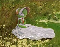  bob_cut bonnet book colored_skin dress gardevoir gardevoir_(fashionable) grass green_hair green_skin gyura hat multicolored_skin on_grass pokemon pokemon_(creature) pokemon_unite reading signature two-tone_skin white_dress white_hat white_skin 