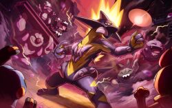  arms_up building carrying closed_eyes closed_mouth croagunk dumpster electricity fangs floating galarian_zigzagoon gurdurr koffing pokemon pokemon_(creature) pokemon_focus pokemon_tcg scrafty second-party_source sharp_teeth skull_and_crossbones smile standing steel_beam teeth tongue tongue_out toxel toxtricity toxtricity_(amped) trash_bag trash_can trubbish upper_teeth_only wall_lamp window xous54 