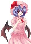  bat_wings blue_hair fangs hands hat looking_at_viewer open_mouth red_eyes remilia_scarlet ribbon short_hair simple_background smile touhou utakata_(0824) utakata_(artist) wings 