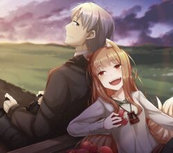  1boy 1girl :d album_cover animal_ear_fluff animal_ears apple ayakura_juu back-to-back blush brown_hair brown_jacket closed_mouth clouds cloudy_sky collarbone cover craft_lawrence fangs food fruit gradient_sky grey_hair grey_shirt holding holding_food holding_fruit holo jacket long_hair long_sleeves looking_at_another official_art open_mouth outdoors pouch red_eyes shirt sidelocks sitting sky smile spice_and_wolf tail upper_body wolf_ears wolf_girl wolf_tail 