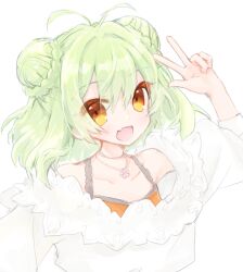  1girl alternate_costume antenna_hair breasts double_bun emil_chronicle_online fang green_hair hair_bun loose_clothes moran_alma off-shoulder_shirt off_shoulder open_mouth orange_shirt shirt small_breasts smile upper_body white_background yellow_eyes yusa_yuyu 