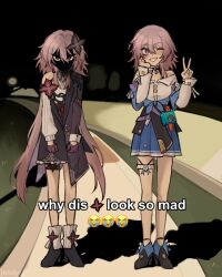  2girls bare_shoulders black_coat black_dress black_flower black_shoes blue_eyes blue_jacket blue_skirt coat collared_shirt dress dual_persona earrings evernight_(honkai:_star_rail) face_in_shadow flower full_body gloves grin hair_between_eyes hair_flower hair_ornament hand_on_own_cheek hand_on_own_face hand_up hashtag-only_commentary high_heels honkai:_star_rail honkai_(series) jacket jeli_jellyy jewelry long_hair long_sleeves looking_at_viewer march_7th_(honkai:_star_rail) medium_hair meme multicolored_eyes multiple_girls night one_eye_closed outdoors pink_eyes pink_hair pleated_skirt purple_gloves red_eyes shirt shoes sidelocks sidewalk single_earring skirt smile standing tied_jacket two-tone_eyes v very_long_hair white_shirt why_dis_ninja_look_so_mad_(meme) wing_collar 