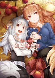  2girls :d animal_ear_fluff animal_ears apple ayakura_juu black_skirt blue_shirt blush breasts brown_eyes brown_hair brown_tail closed_mouth collarbone cover cover_page eyelashes fang food fruit grey_hair hand_on_another&#039;s_head highres holding_hands holo long_sleeves looking_at_viewer lying mother_and_daughter multiple_girls myuri_(spice_and_wolf) official_art on_back open_mouth pouch shirt sidelocks skirt small_breasts smile spice_and_wolf tail wolf_ears wolf_girl wolf_tail 