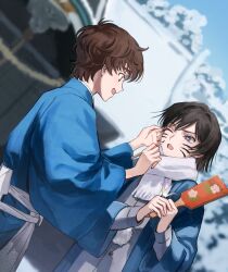  2boys black_hair blue_robe blurry blurry_background brown_hair code_geass drawn_whiskers furrowed_brow hagoita hair_between_eyes hand_on_another&#039;s_cheek hand_on_another&#039;s_face highres holding holding_brush holding_paddle japanese_clothes kururugi_suzaku lelouch_vi_britannia male_focus multiple_boys one_eye_closed open_mouth paddle robe scarf short_hair smile upper_body white_scarf winter yorusl 