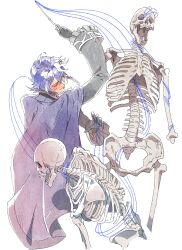  1boy absurdres bell_sleeves black_cape black_gloves black_jacket blue_hair braid braided_sidelocks cape closed_eyes closed_mouth commentary conductor_baton cropped_legs english_commentary facing_to_the_side frilled_sleeves frills gloves hair_between_eyes hair_ornament hairclip highres holding_baton holostars holostars_english jacket male_focus octavio puppet_strings screetuber short_hair sidelocks simple_background skeleton sleeve_cuffs smile solo string_around_finger virtual_youtuber white_background 