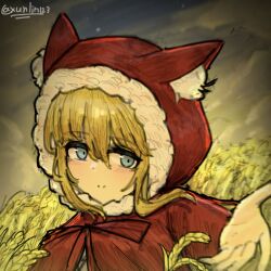  animal_ear_fluff animal_ears animal_hood black_ribbon black_souls black_souls_2 blonde_hair blue_eyes blue_sky cape capelet cat_ears cat_hood clouds cloudy_sky evening fur_hood fur_trim hair_between_eyes hair_over_eyes hood hood_up light_blush light_smile looking_at_viewer outstretched_hand red_cape red_capelet red_hood_(black_souls) ribbon short_hair sidelocks signature simple_background sky star_(sky) wheat_field xun_lin_(pixiv_93392103) yellow_clouds 