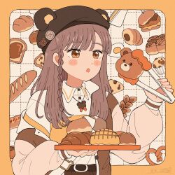  1girl :o baguette bear_hat blush_stickers border braid bread bread_slice brown_eyes brown_hair brown_hat burger collared_shirt commentary_request cupcake eeppa food grid_background hat highres holding hot_dog long_hair long_sleeves looking_at_viewer open_mouth original outside_border shirt single_braid solo toast upper_body white_background white_shirt yellow_border 