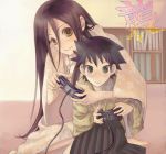  black_hair blanket brown_eyes controller game_controller gamepad girls_playing_games hakama itoshiki_majiru japanese_clothes komori_kiri long_hair numeri_(gunfra) numeri_(pixiv) playing_games sayonara_zetsubou_sensei smile swimsuit video_game 