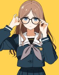  1girl absurdres add_leir bang_dream! bang_dream!_it&#039;s_mygo!!!!! bespectacled blue_eyes blue_shirt blue_skirt blush borrowed_accessory brown_hair chihaya_anon chinese_commentary closed_mouth commentary_request glasses grey_neckerchief highres long_hair long_sleeves nagasaki_soyo neckerchief pleated_skirt school_uniform shirt sidelocks skirt solo tsukinomori_school_uniform upper_body 