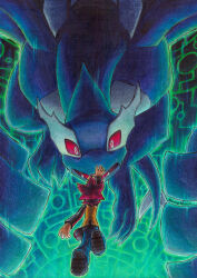  1boy artist_name blue_theme colored_sclera fangs from_behind highres lugia michael_(pokemon) moxiemooo pokemon pokemon_(creature) pokemon_xd reaching reaching_towards_another red_hair red_sclera shadow_lugia traditional_media 