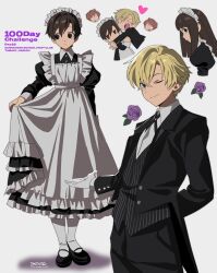  1girl 3boys apron betti_(xx_betti) black_dress black_jacket black_pants black_shoes black_vest blonde_hair brothers brown_eyes brown_hair chibi collared_jacket dress frilled_apron frilled_dress frills fujioka_haruhi gloves highres hitachiin_hikaru hitachiin_kaoru jacket juliet_sleeves lapels long_dress long_hair long_sleeves looking_at_viewer maid maid_apron maid_headdress mary_janes multiple_boys one_eye_closed open_clothes open_jacket ouran_high_school_host_club pants pinstripe_pattern pinstripe_vest puffy_sleeves shoes short_hair siblings smile suit suit_jacket suou_tamaki twins vest white_apron white_gloves 