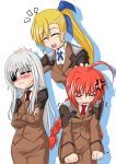  angry blonde_hair blush braid cinque eyepatch mahou_shoujo_lyrical_nanoha mahou_shoujo_lyrical_nanoha_a's mahou_shoujo_lyrical_nanoha_strikers numbers_(nanoha) petting red_hair sei2makoto side_ponytail silver_hair twin_braids uniform vita vivio 