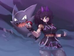  bodystocking bow breasts curly_hair fishnet_bodystocking fishnets geejaydraws gloves green_eyes grin hair_bow haunter hex_maniac_(pokemon) highres large_breasts original poke_ball pokemon ponytail purple_hair self-upload smile sportswear wavy_hair zipper 