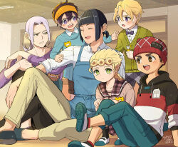  6+boys aged_down anger_vein apron beanie blonde_hair blue_apron blue_pants brown_hair bruno_bucciarati drawstring giorno_giovanna green_eyes green_sweater grey_hair grey_pants guido_mista hair_between_eyes hat jojo_no_kimyou_na_bouken leone_abbacchio male_focus morino_peko multiple_boys narancia_ghirga open_mouth pannacotta_fugo pants parted_lips ponytail red_hat sweater v-shaped_eyebrows vento_aureo violet_eyes 