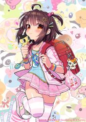  1girl ahoge artist_name backpack bag blue_shirt blush borrowed_character brown-haired_girl_(0113miko) brown_eyes brown_hair closed_mouth commentary_request creature hair_bobbles hair_ornament hairclip hamtaro hamtaro_(series) heart holding holding_creature jacket jewelry looking_at_viewer mametchi miniskirt necklace notice_lines one_side_up open_clothes open_jacket original parallel_hairclips pink_jacket pink_skirt randoseru red_bag school_bag shirt short_hair sidelocks skirt smile solo standing standing_on_one_leg star_(symbol) star_hair_ornament tamagotchi zest_(lossol) 