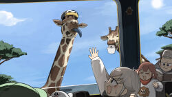  &gt;_&lt; 2boys 2girls :3 :d absurdres bird black_eyes book bus_interior diva_(hyxpk) donut_stamp duck english_commentary giraffe green_hat grey_hair hat highres lion_print lion_shirt_boy_(diva) multiple_boys multiple_girls penguin_hat penguin_keeper_(diva) reading red_hair sea_otter_keeper_(diva) seal_keeper_(diva) seal_puppet shirt smile sweat tree unworn_hat unworn_headwear white_shirt zoo zookeeper zookeepers_(diva) 