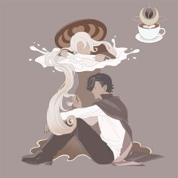  1boy 1girl alternate_costume arm_rest arms_on_table black_cape black_hair black_nails black_pants black_shoes brown_background brown_capelet brown_dress brown_hat cape capelet cappuccino closed_eyes closed_mouth coffee_beans cookie_run cookie_run:_kingdom crescent curly_hair curtained_hair dark-skinned_female dark-skinned_male dark_skin dress elbow_gloves espresso_cookie facing_ahead facing_viewer full_body gloves hair_behind_ear hair_between_eyes hair_over_one_eye hat head_on_table holding_another&#039;s_hair humanization kneeling knees_up korean_commentary latte_art latte_cookie liquid long_dress long_hair long_sleeves pants pince-nez profile round_eyewear shirt shoes short_hair sitting slothm22 smile very_long_hair white_gloves white_hair white_shirt witch_hat 