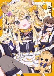  1girl :d animal_ears apron aramedraw black_jacket blonde_hair blush border bow commentary fangs feet_out_of_frame frilled_apron frills grey_eyes grey_thighhighs grid_background hair_bow hair_ornament hairclip heart heart_hair_ornament highres jacket jersey_maid lion_ears lion_girl long_hair long_sleeves looking_at_viewer maid maid_headdress nail_polish noripro open_mouth outside_border regrush_lionheart signature single_thighhigh sitting smile solo star_(symbol) text_hair_ornament thigh-highs track_jacket unconventional_maid virtual_youtuber white_apron white_background x_hair_ornament yellow_border yellow_bow yellow_collar yellow_nails 