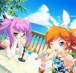  blue_eyes detached_sleeves fang glasses green_eyes lowres microphone microphone_stand orange_hair original pointing purple_hair radio_booth short_hair twintails wink yashima_takahiro 