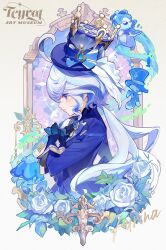  1girl ahoge ascot balance_scale blue_eyes blue_hair blue_hat blue_jacket character_name chinese_commentary commentary_request cropped_torso flower from_side furina_(genshin_impact) genshin_impact gentilhomme_usher hair_between_eyes hand_on_own_chest hand_up hat highres jacket long_hair long_sleeves mademoiselle_crabaletta moehikaru picture_frame profile rose solo surintendante_chevalmarin top_hat upper_body weighing_scale white_flower white_rose 