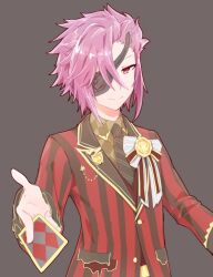  1boy arcanaheart_alma black_necktie card emil_chronicle_online eyepatch holding holding_card necktie pink_hair red_eyes red_suit short_hair striped_clothes suit upper_body yusa_yuyu 