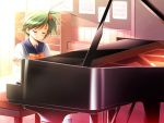  blush closed_eyes game_cg grand_piano green_hair instrument piano piano_bench school_uniform serafuku side_ponytail yotsunoha 