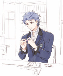  1boy blue_jacket board_game closed_mouth collared_shirt frown furrowed_brow grey_hair highres jacket jewelry krudears male_focus necklace school_uniform shirt shitara_seiji short_hair sketch suit_jacket tabletop_game tokimeki_memorial tokimeki_memorial_girl&#039;s_side tokimeki_memorial_girl&#039;s_side_3rd_story upper_body white_shirt 