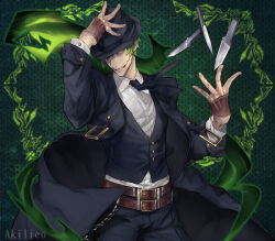  1boy akilico artist_name belt black_coat black_necktie blazblue closed_eyes coat cowboy_shot evil_grin evil_smile fedora fingerless_gloves formal_clothes gloves green_hair grin hat hazama knife male_focus multiple_belts necktie non-web_source polka_dot polka_dot_background shaded_face shirt short_tail smile smirk tail tsurime wallet_chain yellow_eyes 