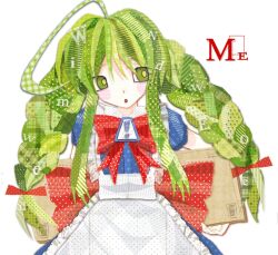  1girl apron blush bow braid dress folder green_eyes green_hair highres long_hair me-tan microsoft_windows open_mouth os-tan sign solo troubled_windows twin_braids warning_sign windows_classic windows_me yukaaine 