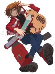  absurdres bag black_shirt box brown_eyes brown_hair card collared_jacket denim duel_academy_uniform_(yu-gi-oh!_gx) duel_disk highres jacket jeans lying on_back pants pharaoh_(cat) red_jacket red_shoes shirt shoes short_hair sneakers spiky_hair umappyoi127139 yu-gi-oh! yu-gi-oh!_gx yuki_judai 