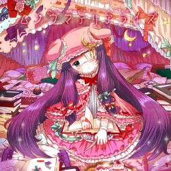 ._. 1girl 2011 absurdres album_cover album_name aqua_bow aqua_bowtie bandage bandage_on_face bandaged_arm bandages bandaid bangs blue_eyes blue_ribbon blueberry blush book bookmark bow bowtie cake candy candy_wrapper clothing_request container crescent crescent_hat_ornament crescent_moon curtains cute embodiment_of_scarlet_devil english english_text eyepatch feather feathers female fingernails flower frilled_dress frilled_pillow frilled_skirt frilled_sleeves frills gem green_ribbon hanging_light hat heart highres ichihaya japanese japanese_text jewelry key lipstick_tube long_hair looking_at_viewer messy_room neck_bow open_book pale_skin paper patchouli_knowledge pearl_necklace pillow pillows pink_frills pink_hat pink_pillow pink_rose plate purple_hair purple_ribbon red_ribbon ribbon ribbons rose roses shibayanrecords shiny solo solo_focus star straight_hair strawberry tea teacup text touhou very_long_hair white_eyepatch white_frills