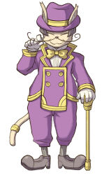  1boy animal_ears black_shoes bow bowtie brown_hair cane cat_boy cat_ears cat_tail closed_eyes facial_hair full_body furry furry_male gloves little_tail_bronx male_focus mustache official_art purple_suit quentin_(solatorobo) shoes short_hair simple_background solatorobo solo standing straight-on suit tachi-e tail tanimeso third-party_source traditional_media twirling_mustache white_background white_gloves yellow_bow yellow_bowtie 