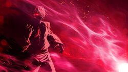  1boy black_skinned_male demon_boy father janos m.u.g.e.n male_only monster_boy red_background red_eyes solo taito the_black_heart yagami_iori 