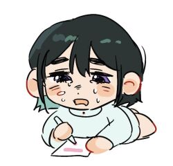  1girl alien_stage black_hair commentary crying dress english_commentary holding holding_marker marker open_mouth paper short_hair solo sua_(alien_stage) the_quipper violet_eyes white_dress 