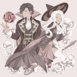  1boy 1girl alternate_costume ascot belt black_belt black_hair black_nails brooch brown_background brown_cape brown_capelet brown_coat brown_hat brown_skirt brown_vest cape capelet closed_mouth coat coffee_bean_print coffee_beans colored_eyelashes cookie_run cookie_run:_kingdom cropped_legs curtained_hair dark-skinned_female dark-skinned_male dark_skin espresso_cookie foot_out_of_frame gloves gold_trim grey_eyes hair_behind_ear hair_between_eyes hair_over_one_eye hand_up hat high-waist_skirt high_heels holding holding_spoon humanization jewelry lapels latte_cookie long_hair long_skirt long_sleeves looking_at_object looking_at_viewer looking_to_the_side magic mandarin_collar mystical_high_collar open_clothes open_coat oversized_object parted_lips pince-nez round_eyewear shoes short_hair side-by-side side_slit skirt sleeve_cuffs slothm22 smile smoke spoon swept_bangs thigh-highs unconventional_broom very_long_hair vest white_ascot white_gloves white_hair white_shoes white_thighhighs witch_hat yellow_eyes 