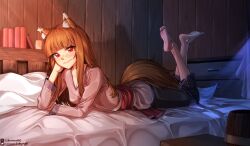  1girl animal_ear_fluff animal_ears barefoot bed bed_sheet black_pants blush brown_hair closed_mouth commission english_commentary feet feet_up head_rest highres holo indoors legs_up likunea long_hair long_sleeves looking_at_viewer lying on_bed on_stomach pants patreon_logo patreon_username pink_shirt red_eyes shirt soles solo spice_and_wolf tail the_pose toes twitter_username twitter_x_logo wolf_ears wolf_girl wolf_tail wooden_wall 