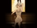  armpits bandage bandages barefoot breasts capcom crossed_legs feet fingerless_gloves gloves ibuki large_breasts ninja omar_dogan ponytail shirt signature sitting smile street_fighter street_fighter_iii tank_top towel wallpaper 