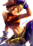  belt beltskirt blonde_hair blue_mary fatal_fury fingerless_gloves fung_kin_chew gloves halter halterneck hat highres king_of_fighters midriff muscle red_eyes short_hair snk 