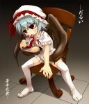  blood_bag blue_hair chair feet hands hat noya remilia_scarlet ribbon ribbons short_hair thigh-highs thighhighs touhou wings zettai_ryouiki 