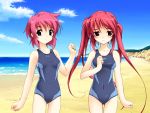  aizawa_misaki beach competition_swimsuit fujiwara_warawara game_cg green_eyes haruka_ni_aogi_uruwashi_no multiple_girls nire_sumika one-piece_swimsuit red_eyes red_hair redhead short_hair swimsuit twintails 