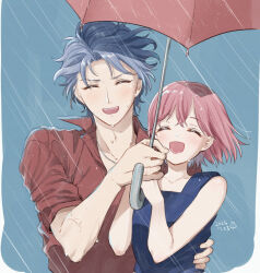  1boy 1girl arm_around_waist bare_shoulders blue_background blue_dress closed_eyes collarbone couple dated dress grey_hair hetero highres holding holding_umbrella krudears light_blush open_mouth pink_hair protagonist_(tokimemo_gs3) red_shirt shared_umbrella shirt shitara_seiji short_hair sleeves_rolled_up smile tokimeki_memorial tokimeki_memorial_girl&#039;s_side tokimeki_memorial_girl&#039;s_side_3rd_story umbrella upper_body wet 