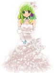  bride dress elbow_gloves flower gloves gown green_eyes green_hair hair_ribbon kochiya_sanae looking_at_viewer n-mix ribbon ribbons smile touhou wedding_dress white_gloves 