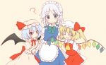  :d ? apron arm_grab arms_behind_back bat_wings blonde_hair blue_eyes bow braid closed_eyes flandre_scarlet hair_bow hat izayoi_sakuya lavender_hair maid maid_headdress open_mouth red_eyes remilia_scarlet simple_background smile tamaki_(209) tamaki_(artist) touhou twin_braids waist_apron white_hair wings 