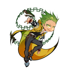  1boy belt blazblue chain_weapon chibi coat evil_smile fingerless_gloves gloves green_hair greylily623 highres hood multiple_belts necktie pectorals shaded_face smile spiky_hair steel-toe_boots tsurime wallet_chain weapon yellow_coat yellow_eyes 