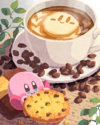  :i blue_eyes blush_stickers closed_mouth coffee coffee_beans coffee_mug commentary cookie crumbs cup eating food highres kirby kirby_(series) miclot mug no_humans plate symbol-only_commentary 