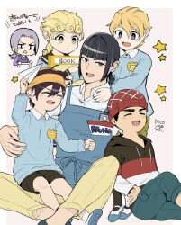  6+boys aged_down apron beanie black_hair blonde_hair blue_apron border bruno_bucciarati child drawstring giorno_giovanna green_eyes guido_mista hair_between_eyes hat jojo_no_kimyou_na_bouken kindergarten_uniform leone_abbacchio male_focus morino_peko multiple_boys narancia_ghirga open_mouth pannacotta_fugo paper_airplane red_hat star_(symbol) translation_request v-shaped_eyebrows vento_aureo violet_eyes white_border 