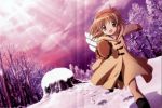  kanon nature orange_hair pink_eyes ribbon running smile snow tsukimiya_ayu wings 