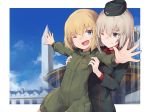  2girls :d blonde_hair blue_eyes building clouds fang garrison_cap girls_und_panzer hair_between_eyes hat hug hug_from_behind itsumi_erika jacket katyusha lifting_person long_sleeves military military_uniform multiple_girls one_eye_closed open_mouth outdoors outstretched_arms roll_okashi short_hair sky smile spread_arms star uniform 